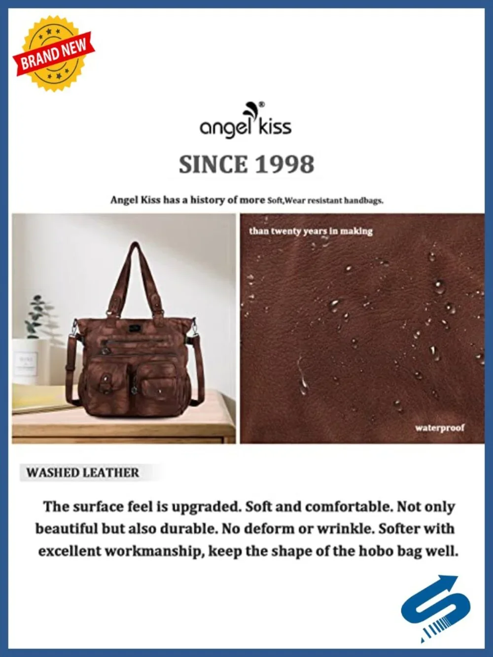 Women's Soft Washed Vegan Leather Hobo Shoulder Bag Satchel Crossbody